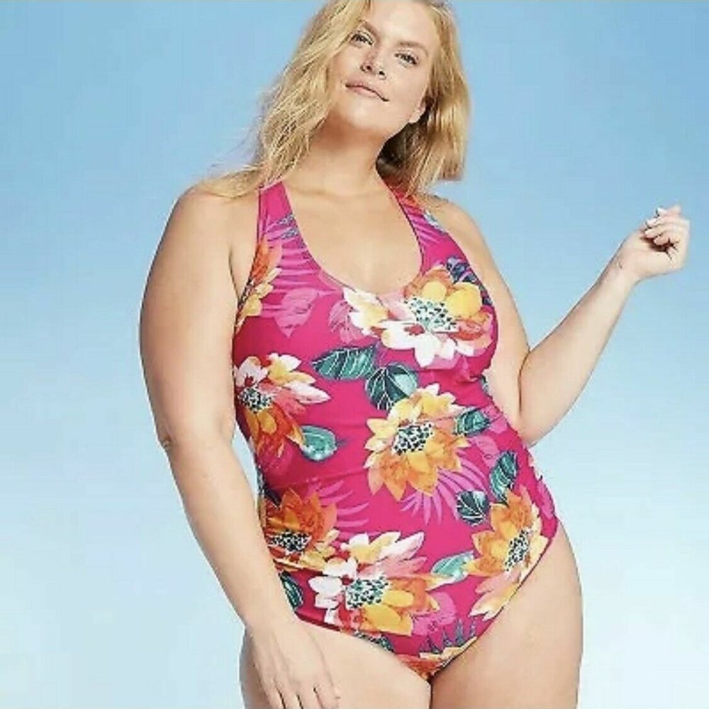 Kona Sol Pink Floral Women's Plus Size Strappy Back One-Piece Swimsuit - 20W